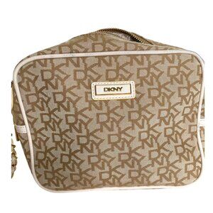 DKNY Beige Logo Crossbody Bag With Gold Chain Strap & Zipper Closure